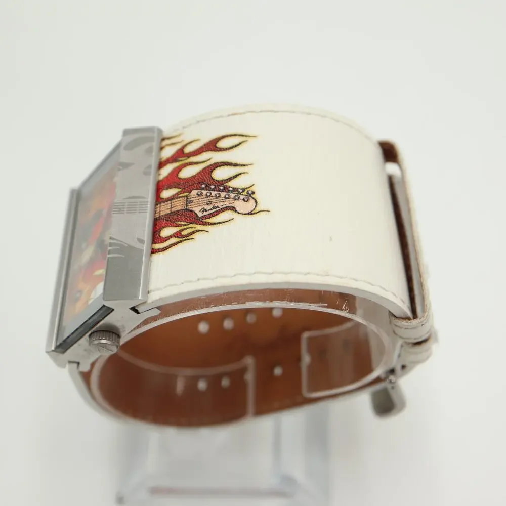 Fender Guitars Flames Skull White Leather 42mm Watch Y2K Rare w New Battery
